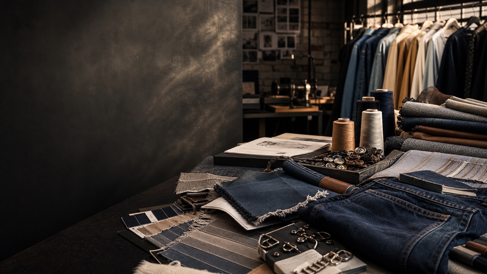 Premium apparel sourcing studio with garments, fabric swatches, trims and sample development details